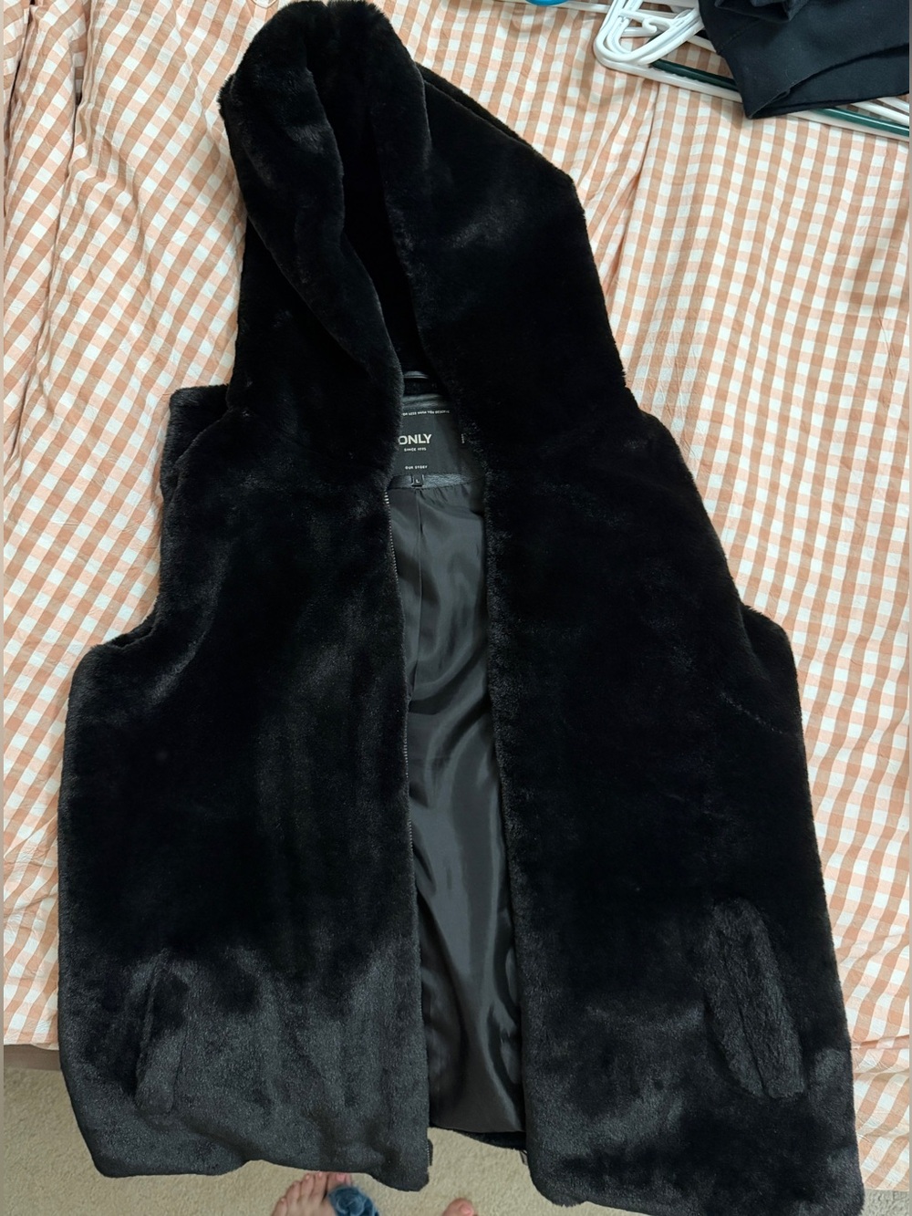 ONLY Black Faux Fur Hooded Vest with Satin Lining